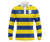 Custom yellow and blue striped long-sleeve school leaver with white accents